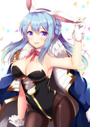  agekichi_(heart_shape) animal_ears ass_visible_through_thighs bad_id bad_pixiv_id bare_shoulders black_pantyhose blue_hair blush bow braid breasts commentary_request cowboy_shot detached_collar eyebrows fake_animal_ears female fur_trim gloves gradient_hair granblue_fantasy hair_between_eyes hand_up holding_ears jacket jacket_on_shoulders large_breasts leotard long_hair looking_at_viewer multicolored_hair open_mouth pantyhose playboy_bunny purple_eyes rabbit_ears red_bow solo strapless strapless_leotard sweatdrop therese_(granblue_fantasy) triangle white_background white_gloves 