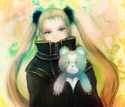  abstract_background aoki_hagane_no_arpeggio black_coat blonde_hair claws closed_mouth coat commentary_request eyelashes female fur_hair_tie gold_trim green_eyes haruna_(aoki_hagane_no_arpeggio) high_collar holding holding_stuffed_toy katari long_hair looking_at_viewer photoshop_(medium) ringlets sleeves_past_wrists smile stuffed_animal stuffed_toy teddy_bear twintails very_long_hair yotarou_(aoki_hagane_no_arpeggio) zipper 