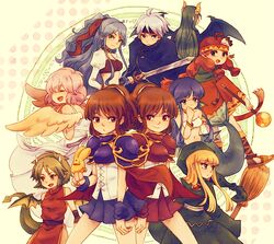  2boys 6+girls arle_nadja armor armored_dress blonde_hair blue_hair broom brown_eyes brown_hair cape capelet carbuncle_(puyopuyo) chiko_(puyopuyo) china_dress chinese_clothes clenched_hand closed_eyes commentary_request creature doppelganger_arle draco_centauros dragon_tail dragon_wings dress everyone green_hair half_updo harpy_(puyopuyo) hat horns long_hair madou_monogatari mermaid monster_girl multiple_boys multiple_girls oto_(gapa742) pink_hair puyopuyo puyopuyo~n red_eyes rulue_(puyopuyo) satan_(puyopuyo) schezo_wegey serilly_(puyopuyo) short_hair skirt smile staff sword tail tribal weapon white_hair wings witch_(puyopuyo) 