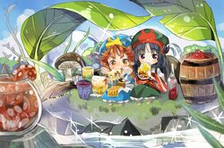  2girls barrel black_eyes black_hair blue_hat blunt_bangs blush bottle brown_eyes brown_hair chopsticks commentary cup dew_drop drinking drinking_glass eating eyebrows fishbowl food froth fruit green_hat green_skirt hakumei_(hakumei_to_mikochi) hakumei_to_mikochi hat hat_ribbon leaf long_hair mikochi_(hakumei_to_mikochi) multiple_girls mushroom outdoors ribbon sitting skirt sparkle steam sunameri_oishii sweat tabard tentacle water water_drop wide_sleeves 