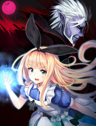  1boy apron black_bow black_hairband black_ribbon blonde_hair blue_dress blush bow closed_mouth colored_skin commentary dress facial_hair female fingernails full_moon gilzaren_iii gilzaren_iii_(1st_costume) glowing glowing_eyes goatee green_eyes hair_ribbon hairband hand_up highres irohara long_hair looking_at_viewer mononobe_alice mononobe_alice_(1st_costume) moon nijisanji open_mouth pink_moon pointy_ears puffy_short_sleeves puffy_sleeves purple_skin ribbon short_sleeves smirk spiked_hair teeth upper_teeth_only v-shaped_eyebrows very_long_hair virtual_youtuber white_apron white_hair 