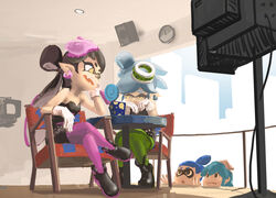  1boy 3girls bad_id bad_pixiv_id bare_shoulders black_eyes black_hair blue_hair callie_(splatoon) candy chair clock commentary_request cousins crossover dress earrings fangs food food_on_head gloves green_legwear grey_hair hand_on_own_face hat highres ikamusume inkling inkling_boy inkling_player_character jewelry lollipop long_hair marie_(splatoon) mole mole_under_eye multiple_girls object_on_head oom pantyhose pointy_ears ponytail purple_legwear shinryaku!_ikamusume shoes short_jumpsuit sitting speaker splatoon_(series) splatoon_1 squid_hat strapless strapless_dress table tentacle_hair tv_camera white_gloves yellow_eyes 