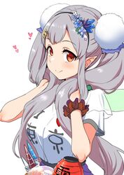  blue_flower blush clearite closed_mouth clothes_writing elf elu_(1st_costume)_(nijisanji) elu_(nijisanji) fairy_wings female flower green_wings hair_flower hair_ornament hairband hairclip heart i_heart... lantern long_hair looking_at_viewer mini_wings nijisanji paper_lantern pointy_ears red_eyes red_scrunchie scrunchie see-through short_sleeves simple_background smile solo twintails very_long_hair virtual_youtuber white_background wings wrist_scrunchie 