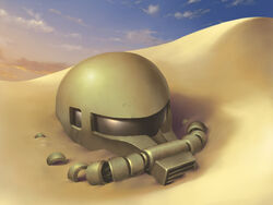  buried damaged desert gundam mecha mobile_suit_gundam no_humans sand wacchi zaku 