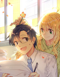  1boy ahoge antenna_hair black_hair blonde_hair commentary female flower formal glasses green_eyes highres hoshii_miki idolmaster idolmaster_(classic) long_hair necktie open_mouth orange_flower pen producer_(idolmaster) producer_(idolmaster_anime) short_hair smile symbol-only_commentary wei_li window 