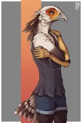  2018 2:3 5_fingers accipitriform anthro avian avian_arms beak bird bottomwear bracelet breasts brown_eyes clothed clothing crossed_arms digital_media_(artwork) feathers female fingers grey_beak jewelry lolzguy non-mammal_breasts portrait scuted_arms scuted_hands scutes secretary_bird shorts simple_background small_breasts smile solo standing three-quarter_portrait zuri_(lolzguy) 