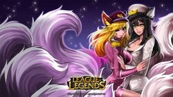  2girls ahri_(league_of_legends) alternate_costume alternate_eye_color alternate_hair_color animal_ears belt black_hair blonde_hair blue_eyes bow breasts cleavage copyright_name cosplay cowboy_shot dual_persona epaulettes facial_mark fox_ears fox_tail from_side generation_ahri girls&#039;_generation goomrrat hat hat_bow headset heart highres hug idol jacket large_breasts league_of_legends logo looking_back military military_uniform multiple_girls multiple_tails naval_uniform one_eye_closed open_clothes open_jacket peaked_cap pocket popstar_ahri shorts smile tail uniform whisker_markings yellow_eyes 