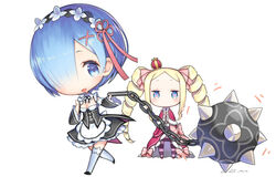  :d apron beatrice_(re:zero) blonde_hair blue_eyes blue_hair bow breasts capelet chains chibi cleavage crown detached_sleeves dress drill_hair flail full_body hair_ornament hair_over_one_eye hair_ribbon holding holding_weapon long_hair maid maid_apron maid_headdress mini_crown morning_star motion_lines multiple_girls open_mouth pantyhose re:zero_kara_hajimeru_isekai_seikatsu rem_(re:zero) ribbon short_hair sidelocks simple_background small_breasts smile standing striped striped_legwear symbol-shaped_pupils thighhighs twin_drills twintails weapon white_background white_legwear x_hair_ornament yasuyuki 