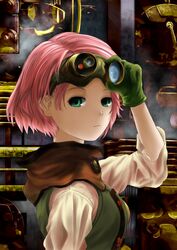  adjusting_goggles breasts closed_mouth commentary_request female from_side gloves goggles goggles_on_head green_eyes green_gloves kein_hasegawa koutetsujou_no_kabaneri light_frown looking_at_viewer looking_to_the_side medium_breasts pink_hair shade short_hair sleeves_past_elbows solo steampunk train upper_body yukina_(kabaneri) 