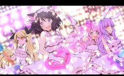  4girls :d ahoge animal_ears arm_up black_hair blonde_hair blue_eyes blush bow cat_ears cat_girl chuchu_(show_by_rock!!) commentary_request curly_hair cyan_(show_by_rock!!) dress frills glasses gloves guitar hair_ornament headband heart_guitar highres horns instrument koko_(kotobutyann) letterboxed long_hair moa_(show_by_rock!!) multiple_girls oerba_yun_fang open_mouth pink_dress pink_hair purple_hair rabbit_ears retoree_(show_by_rock!!) sheep_horns show_by_rock!! smile stage_lights star_(symbol) twintails yellow_eyes 