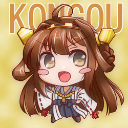  :d ahoge blush_stickers brown_eyes brown_hair character_name chibi commentary_request da-mii detached_sleeves female kantai_collection kongou_(kancolle) long_hair long_sleeves nontraditional_miko open_mouth pleated_skirt ribbon-trimmed_sleeves ribbon_trim skirt smile solo wide_sleeves 