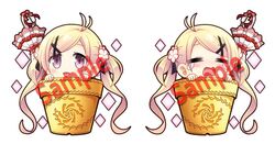  ahoge blonde_hair blush chibi commentary_request female flower_knight_girl flower_pot hair_ornament kadose_ara oxalis_(flower_knight_girl) sample_watermark twintails umbrella watermark 