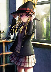  blonde_hair commentary_request female hair_ornament hairclip hat long_hair looking_at_viewer menka_(menka_wata) photoshop_(medium) red_eyes school_uniform shiraishi_urara skirt smile solo witch_hat yamada-kun_to_7-nin_no_majo 