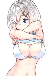  bad_id bad_twitter_id bikini bikini_top_only blue_eyes breasts cleavage clothes_lift female grey_hair hair_ornament hair_over_one_eye hairclip hamakaze_(kancolle) harumaki_haruki highres kantai_collection large_breasts looking_away navel o-ring o-ring_bikini o-ring_top shirt_lift simple_background solo swimsuit white_background white_bikini 