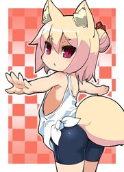  :&lt; animal_ear_fluff animal_ears ass bad_id bad_twitter_id bare_arms bare_shoulders bike_shorts blue_shorts blush border borrowed_character checkered_background commentary_request cosplay cowboy_shot female flat_chest fox_ears fox_girl fox_tail fukurou_(owl222) hair_between_eyes hair_bun hair_ornament highres hinata_channel inactive_account kemomimi-chan_(naga_u) looking_at_viewer looking_to_the_side nekomiya_hinata nekomiya_hinata_(cosplay) open_hands original outline outside_border outstretched_arms parted_lips red_eyes short_shorts shorts sidelocks single_hair_bun solo spread_arms tail tank_top triangle_mouth tsurime v-shaped_eyebrows virtual_youtuber white_border white_outline white_tank_top 