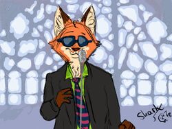  2016 2d_animation 4:3 animated anthro askthezpd canid canine clothed clothing dancing disney electronics eyewear fox frame_by_frame fur glasses green_clothing green_shirt green_topwear loop low_res male mammal meme microphone necktie never_gonna_give_you_up nick_wilde orange_body orange_fur red_fox rick_astley rickroll rotoscoping shirt short_playtime signature solo sunglasses tan_body tan_fur topwear true_fox zootopia 