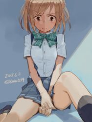  2015 bow dated double_bun female frown gradient gradient_background grey_skirt highres kantai_collection light_brown_eyes light_brown_hair michishio_(kantai_collection) pleated_skirt school_uniform short_hair sitting skirt solo suspenders toro_(konirio) twitter_username 