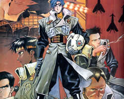  1990s_(style) 4boys aircraft airplane aoki_uru bandana black_hair blue_eyes blue_hair boots canards cigar cross dark_skin eyebrows female gloves goggles gun handgun hangar helmet jet looking_at_viewer military military_uniform multiple_boys non-web_source official_art pilot pilot_suit ponytail promotional_art retro_artstyle sadamoto_yoshiyuki scan science_fiction serious smoke traditional_media uniform weapon yellow_eyes 