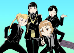  4girls :d ^_^ black_hair black_suit blunt_bangs blush borr borr_(cosplay) brown_eyes brown_hair closed_eyes closed_mouth commentary_request cosplay crossed_arms embarrassed formal gradient_background grey_eyes gridman_universe grin hair_bun hand_on_own_hip kobuchizawa_shirase long_hair looking_at_viewer loose_necktie max_(ssss.gridman) max_(ssss.gridman)_(cosplay) miyake_hinata multiple_girls necktie open_mouth parody red_eyes samurai_calibur samurai_calibur_(cosplay) sheath sheathed shiraishi_yuzuki short_hair single_hair_bun smile sora_yori_mo_tooi_basho ssss.gridman standing suit sweatdrop sword tamaki_mari ueyama_michirou v vit vit_(cosplay) weapon 