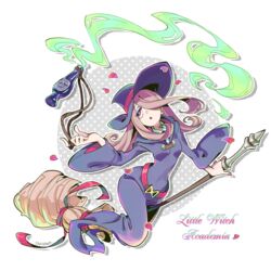  broom broom_riding commentary_request female hair_over_one_eye hat little_witch_academia long_hair open_mouth pale_skin petals poison_(final_fight) potion purple_hair sigumado66 skull solo sucy_manbavaran witch witch_hat 