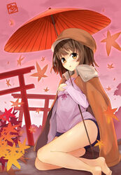  :o autumn_leaves bad_id bad_pixiv_id bakemonogatari barefoot black_hair blush brown_eyes brown_hair cabbie_hat female hat looking_at_viewer minari_(minari37) monogatari_(series) multiple_torii oil-paper_umbrella school_swimsuit sengoku_nadeko short_hair sitting solo swimsuit torii umbrella 