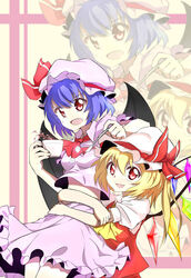  2girls absurdres ascot bat_wings blonde_hair blue_hair border breasts caibao_return commentary cup flandre_scarlet hat hat_ribbon highres lifting_person looking_at_viewer midriff mob_cap multiple_girls oerba_yun_fang open_mouth red_eyes remilia_scarlet ribbon short_hair siblings side_ponytail sisters skirt skirt_set small_breasts spilling spoon sugar_cube teacup touhou wings zoom_layer 