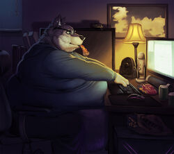  anthro ass belly belly_overhang beverage_can big_belly big_butt biped black_body black_fur canid canine canis chair chips_(food) clothed clothing computer computer_mouse desk detailed_background domestic_dog eating electric_fan electronics eyewear food fur furniture glasses huge_belly huge_butt husky hyper hyper_belly inside keyboard lamp love_handles male mammal microphone morbidly_obese morbidly_obese_anthro morbidly_obese_male nordic_sled_dog obese obese_anthro obese_male office_chair overweight overweight_anthro overweight_male pizza potato_chips sitting solo spitz sugarboy table text white_body white_fur 