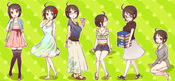  ahoge bag barefoot belt black_hair blush book breast_rest breasts brown_eyes carried_breast_rest carrying cleavage commentary_request copyright_name crepe dress female flower flying_sweatdrops food glasses hair_flower hair_ornament handbag hibiscus hood hoodie jacket jewelry jun_(perte) lanyard large_breasts looking_at_viewer looking_down miniskirt multiple_persona necklace no_eyewear no_pants one_eye_closed open_mouth reclining sandals servant_x_service short_hair sitting skirt smile standing sweater thighhighs yamagami_lucy 