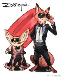  3_toes 4_fingers anthro barefoot big_ears big_head bow_(feature) bow_tie brown_body brown_fur canid canine cigar claws clothed clothing dazya dipstick_ears disney duo ear_markings eyewear feet fennec_fox fingers finnick_(zootopia) food fox front_view fully_clothed fur hand_on_hip holding_food holding_object inner_ear_fluff male mammal multicolored_ears nick_wilde orange_body orange_fur oversize_object popsicle red_fox shirt simple_background smile smoking standing suit sunglasses text toes topwear true_fox tuft white_background zootopia 