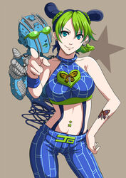  arm_tattoo black_hair blue_eyes braid braided_bun braided_ponytail butterfly_tattoo commentary_request cone_hair_bun double_bun female green_hair hair_bun hand_on_own_hip jojo_no_kimyou_na_bouken kujo_jolyne lipstick looking_at_viewer makeup midriff multicolored_hair navel_piercing piercing pointing seven_(11) solo spider_web_print stand_(jojo) stone_free stone_ocean sunglasses tattoo two-tone_hair 