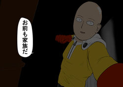  1boy bald cape clenched_hand commentary_request dark gloves long_sleeves looking_at_viewer meme one-punch_man pov resident_evil resident_evil_7:_biohazard saitama_(one-punch_man) smile translated welcome_to_the_family_son_(meme) yashiro_sc zipper 