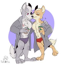  1:1 abs absurd_res anthro arm_around_shoulders beverage boxers_(clothing) bulge canid canine canis clothing coffee duo fox fox_mccloud heart_symbol hi_res hug kissing male male/male mammal mostly_nude muscular muscular_male nintendo nipples pecs rattykai star_fox underwear wolf wolf_o&#039;donnell 