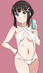  aqua_eyes black_hair breasts brown_background can collarbone commentary_request cowboy_shot criss-cross_halter female hair_ornament hair_stick hair_up hairclip halterneck hand_on_own_hip holding holding_can kurosawa_dia love_live! love_live!_sunshine!! mole mole_under_mouth navel one-piece_swimsuit sidelocks sling_bikini_top small_breasts smile solo swimsuit turkey_min white_one-piece_swimsuit 