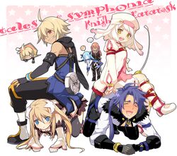  3boys 3girls :t alice_(tales) all_fours aqua_(tales) blonde_hair bloomers blue_eyes blue_hair blush boots brown_hair capri_pants closed_eyes commentary_request copyright_name decus_(tales) emil_castagnier gloves knee_boots l_(matador) long_hair marta_lualdi multiple_boys multiple_girls pants ponytail purple_hair rapier red_eyes red_hair richter_abend shoes short_hair sitting sitting_on_person sweat sword tales_of_(series) tales_of_symphonia tales_of_symphonia_knight_of_ratatosk underwear veil weapon yellow_eyes 