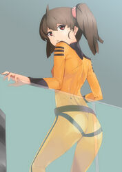  ass bodysuit brown_eyes brown_hair commentary_request female glass hamushima looking_back misaki_yuria orange_bodysuit partial_commentary photoshop_(medium) solo twintails uchuu_senkan_yamato uchuu_senkan_yamato_2199 