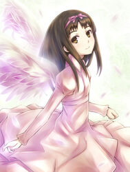  angelica_(gunslinger_girl) brown_eyes brown_hair commentary_request dress feathered_wings female gunslinger_girl hair_ribbon inaba-no-kuni-tottori long_hair ribbon smile solo wings 