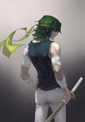  1boy arm_wrap bandages bare_shoulders belt blindfold closed_mouth commentary_request covered_eyes cowboy_shot flipped_hair from_behind frown green_eyes green_hair grey_background hand_on_own_hip holding holding_sword holding_weapon jewelry kill_la_kill male_focus mask_alice md5_mismatch necklace pants profile resolution_mismatch ribbed_shirt sanageyama_uzu shinai shirt sleeveless sleeveless_shirt solo source_larger spoilers sword weapon white_pants 