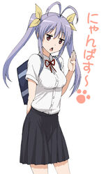  aged_up antenna_hair arm_behind_back bag blush breasts chestnut_mouth commentary_request dress_shirt female fumitan_(humitan) hair_ribbon hand_up highres long_hair medium_breasts miyauchi_renge non_non_biyori nyanpassu~ open_mouth paw_print pleated_skirt purple_hair red_eyes ribbon school_bag school_uniform shirt skirt solo teenage translated twintails white_background 