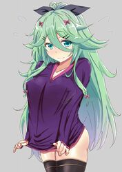  alternate_costume black_ribbon black_thighhighs blush breasts chan_(akuty_ikkot) commentary_request cosplay covered_nipples eromanga_sensei female flying_sweatdrops green_hair hair_between_eyes hair_ornament hair_ribbon hairclip highres izumi_sagiri izumi_sagiri_(cosplay) kantai_collection large_breasts long_hair looking_at_viewer no_panties ponytail ribbon solo thighhighs thighs very_long_hair yamakaze_(kancolle) 