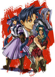  2boys 2girls anastasia_valeria armor armored_dress ashley_winchester blue_hair breasts commentary_request dress gloves hair_ornament hairband irving_valeria kanon_(wild_arms_2) large_breasts long_hair low-tied_long_hair medium_breasts multiple_boys multiple_girls red_hairband sword twintails very_long_hair weapon wild_arms wild_arms_2 zaido 