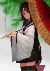  black_hair bow brown_eyes charimei commentary_request female hairbow japanese_clothes kantai_collection long_hair low-tied_long_hair oil-paper_umbrella photoshop_(medium) shouhou_(kancolle) smile solo thighhighs umbrella very_long_hair wet 