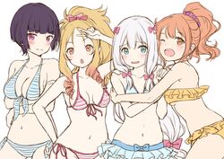  3: 4girls :o absurdres aqua_eyes arm_up bandaged_fingers bandages bare_shoulders beads bikini bikini_skirt blonde_hair blue_bikini blunt_bangs bow breast_hold breasts brown_eyes brown_hair cleavage closed_mouth collarbone commentary_request copyright_name drill_hair eromanga_sensei from_side front-tie_bikini_top front-tie_top girl_sandwich hair_beads hair_ornament hairbow halterneck hand_on_own_hip highres hug izumi_sagiri jinno_megumi lineup looking_at_viewer medium_breasts multiple_girls navel one_eye_closed open_mouth orange_bikini parted_bangs pink_bikini pointy_ears ponytail purple_eyes purple_hair ringlets sandwiched senju_muramasa small_breasts striped_bikini striped_clothes swimsuit underboob v-shaped_eyebrows w white_hair yamada_elf yoshida_iyo 