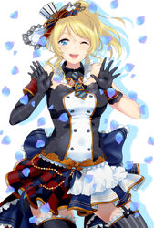  ;d arms_up asymmetrical_clothes asymmetrical_gloves ayase_eli blonde_hair blue_eyes bracelet breasts buttons cafe_maid_(love_live!) commentary_request detached_collar detached_sleeves double-breasted dress female frills garter_straps gloves hair_ornament hands_up hat highres idol jewelry kate_iwana love_live! love_live!_school_idol_festival love_live!_school_idol_project medium_breasts miniskirt necktie one_eye_closed open_hands open_mouth ponytail skirt smile solo strapless strapless_dress striped_clothes striped_thighhighs thighhighs uneven_gloves 