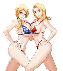  2girls :d american_flag american_flag_bikini american_flag_print anne_green arm_around_waist armpits bad_id bad_pixiv_id bikini blonde_hair blue_eyes blush breast_press breasts canada canadian_flag canadian_flag_bikini canadian_flag_print cleavage closed_mouth cowboy_shot ellen_baker flag_print flipped_hair from_side green_eyes hair_ornament hair_over_shoulder hand_on_own_hip highleg highleg_bikini highleg_swimsuit highres hug large_breasts leaf_print legs_apart light_smile lips long_hair looking_at_viewer looking_back low_ponytail multiple_girls navel new_horizon open_mouth parted_bangs ponytail print_bikini scrunchie shibusun sideboob simple_background smile star_(symbol) star_print string_bikini striped swimsuit symmetrical_docking symmetry thighs underboob united_states white_background yuri 