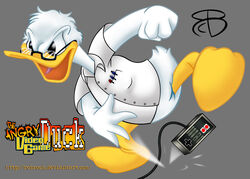  2011 4_fingers anatid angry angry_video_game_nerd angry_video_game_nerd_(series) anseriform anthro avian beak bird clothing controller cord crossover digital_media_(artwork) disney donald_duck duck eyewear feathers fingers game_controller glasses grey_background logo male nes_controller nintendo nintendo_controller nintendo_entertainment_system on_one_leg one_leg_up open_mouth pen raised_leg rcbrock retro_controller shirt signature simple_background solo standing tail tail_feathers text throwing throwing_controller throwing_object topwear url white_body white_clothing white_feathers white_shirt white_topwear wired_controller 