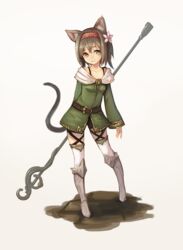  animal_ears armor belt brown_hair commentary female flower greaves hair_flower hair_ornament headband highres kai_(ootamuno12) looking_at_viewer original short_hair solo split_mouth staff tail thighhighs white_background 