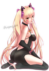  adapted_costume animal_ears ass bad_id bad_pixiv_id bare_shoulders black_cat_d.va black_dress black_gloves black_thighhighs blonde_hair bow breasts brown_eyes cat_ears commentary d.va_(overwatch) dress earrings elbow_gloves english_commentary facepaint facial_mark female from_side full_body gloves hairbow heart heart_earrings highres jewelry light_smile long_hair looking_at_viewer looking_to_the_side medium_breasts official_alternate_costume overwatch overwatch_1 parted_lips photoshop_(medium) pink_bow pink_lips seiza simple_background sitting sleeveless sleeveless_dress solo thighhighs twintails twitter_username very_long_hair whisker_markings yoyongsan 