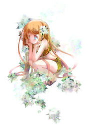  amafuku_amane blue_eyes blush copyright_request female flower full_body head_rest long_hair orange_hair sandals shorts solo squatting very_long_hair 