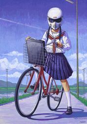  artist_name bag bakuon!! bicycle commentary_request contrail faux_traditional_media female helmet highres jeet kawasaki_raimu kneehighs long_hair looking_at_viewer low_twintails motorcycle_helmet outdoors purple_hair rice_paddy school_bag school_uniform serafuku socks solo twintails utility_pole 