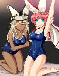  2girls bad_id bad_pixiv_id barefoot blue_eyes breasts cleavage competition_school_swimsuit crossed_arms dark-skinned_female dark_skin elphelt_valentine guilty_gear guilty_gear_xrd hat highres kneeling large_breasts long_hair multiple_girls old_school_swimsuit one-piece_swimsuit orange_eyes pazuzu438 photoshop_(medium) pink_hair ramlethal_valentine school_swimsuit short_hair smile swimsuit wet white_hair 